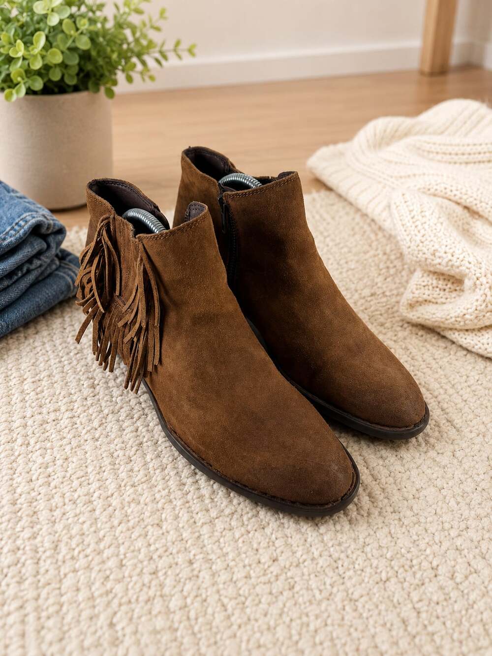 Born Brown Suede Fringe Ankle Boots Western Boho Zip Booties Womens 10M